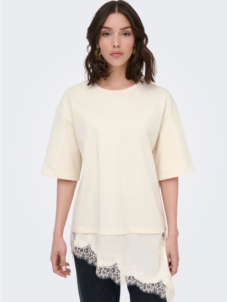 A347. Cream Asymmetrical Lace-Hem Short Sleeve Oversized T-Shirt